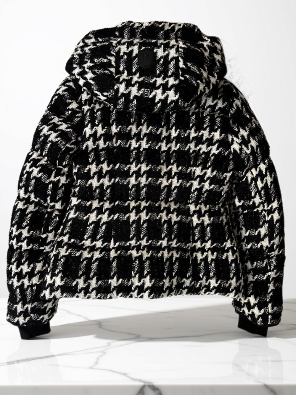 Mackage Madalyn Houndstooth Tweed Down Jacket Removable Hood Black White Metalli